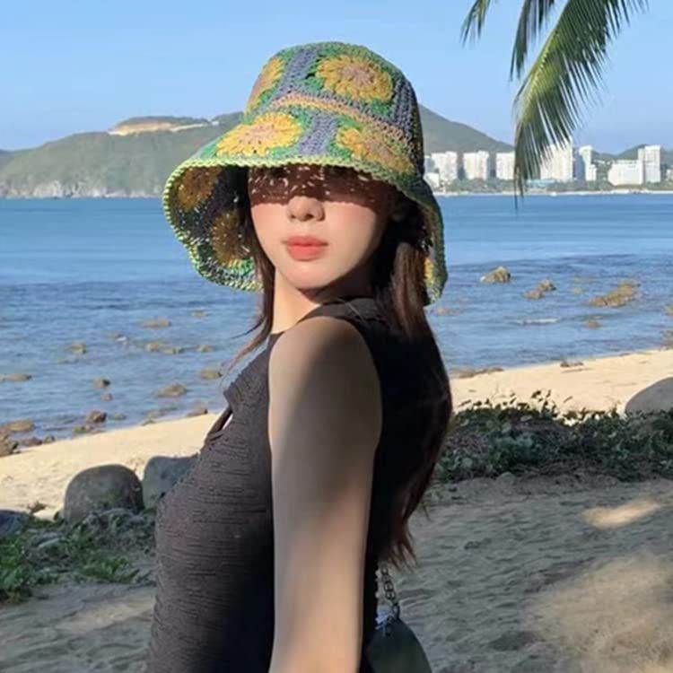 Women's Straw Sun Hat Floral Woven Bucket Hat Fishing Hat Beach Hat Hand Woven Foldable Cap - 7DAY'S