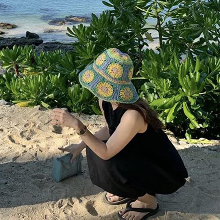 Women's Straw Sun Hat Floral Woven Bucket Hat Fishing Hat Beach Hat Hand Woven Foldable Cap - 7DAY'S