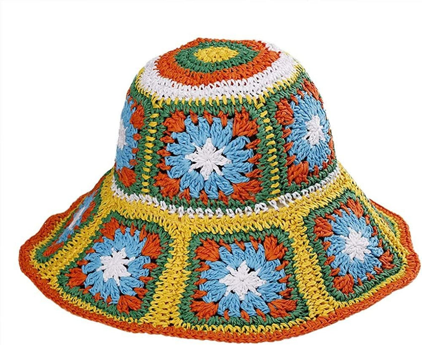 Women's Straw Sun Hat Floral Woven Bucket Hat Fishing Hat Beach Hat Hand Woven Foldable Cap - 7DAY'S