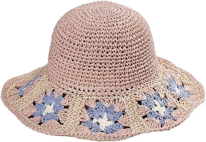 Women's Straw Sun Hat Floral Woven Bucket Hat Fishing Hat Beach Hat Hand Woven Foldable Cap - 7DAY'S