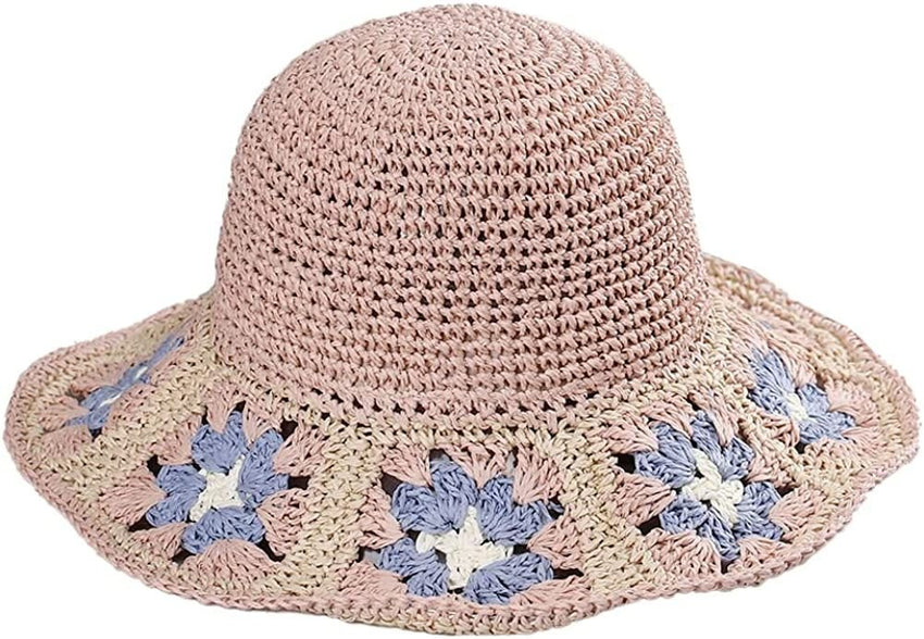 Women's Straw Sun Hat Floral Woven Bucket Hat Fishing Hat Beach Hat Hand Woven Foldable Cap - 7DAY'S