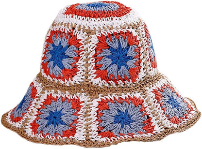 Women's Straw Sun Hat Floral Woven Bucket Hat Fishing Hat Beach Hat Hand Woven Foldable Cap - 7DAY'S