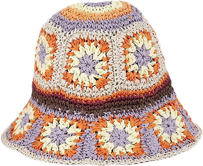 Women's Straw Sun Hat Floral Woven Bucket Hat Fishing Hat Beach Hat Hand Woven Foldable Cap - 7DAY'S