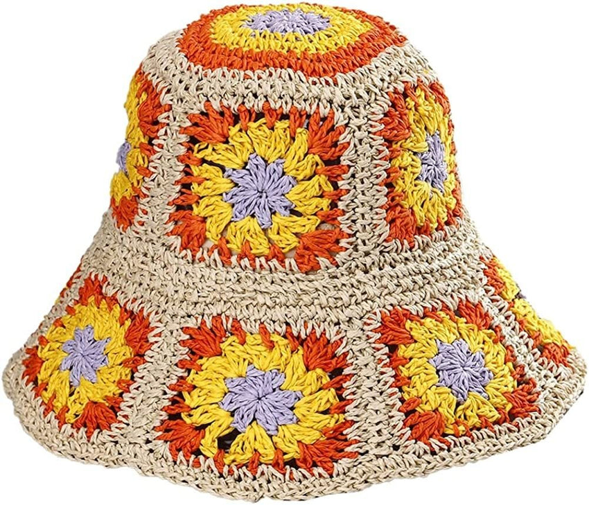 Women's Straw Sun Hat Floral Woven Bucket Hat Fishing Hat Beach Hat Hand Woven Foldable Cap - 7DAY'S