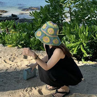 Women's Straw Sun Hat Floral Woven Bucket Hat Fishing Hat Beach Hat Hand Woven Foldable Cap - 7DAY'S