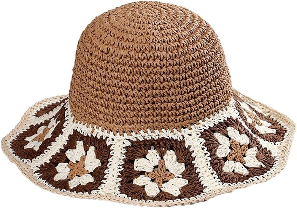 Women's Straw Sun Hat Floral Woven Bucket Hat Fishing Hat Beach Hat Hand Woven Foldable Cap - 7DAY'S