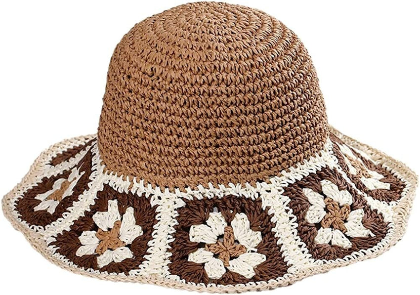 Women's Straw Sun Hat Floral Woven Bucket Hat Fishing Hat Beach Hat Hand Woven Foldable Cap - 7DAY'S