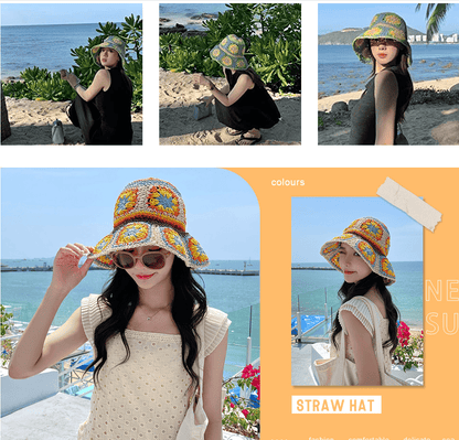 Women's Straw Sun Hat Floral Woven Bucket Hat Fishing Hat Beach Hat Hand Woven Foldable Cap - 7DAY'S