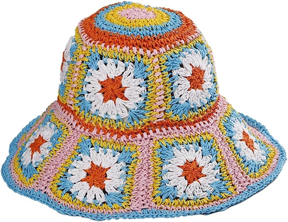 Women's Straw Sun Hat Floral Woven Bucket Hat Fishing Hat Beach Hat Hand Woven Foldable Cap - 7DAY'S
