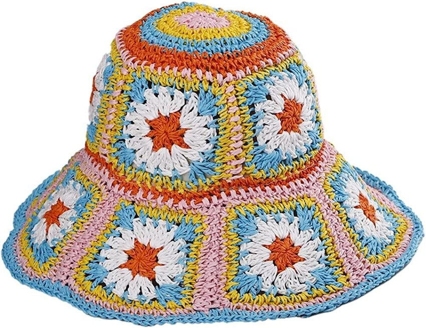 Women's Straw Sun Hat Floral Woven Bucket Hat Fishing Hat Beach Hat Hand Woven Foldable Cap - 7DAY'S
