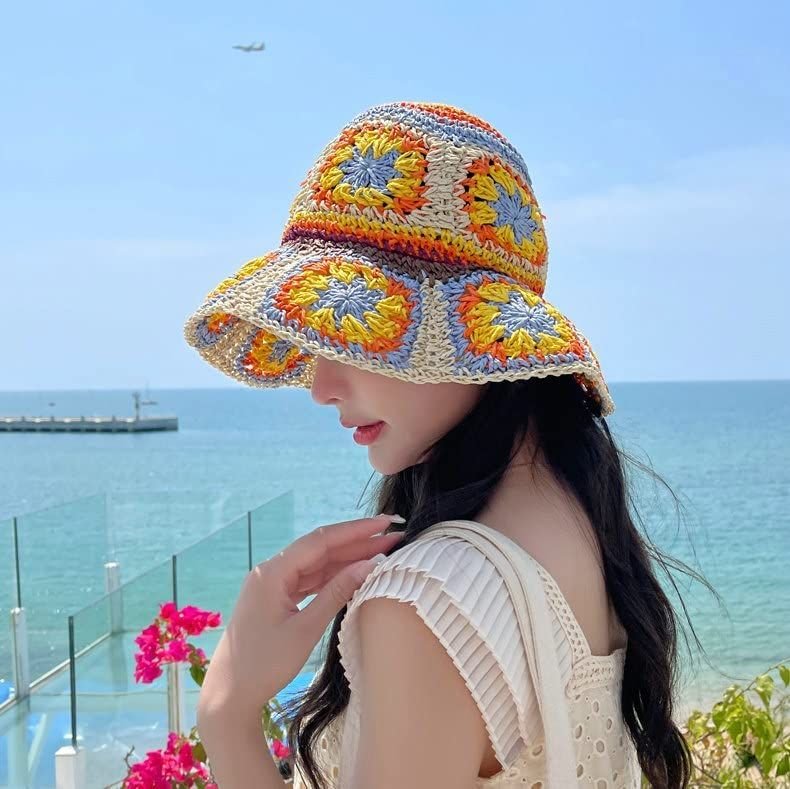 Women's Straw Sun Hat Floral Woven Bucket Hat Fishing Hat Beach Hat Hand Woven Foldable Cap - 7DAY'S
