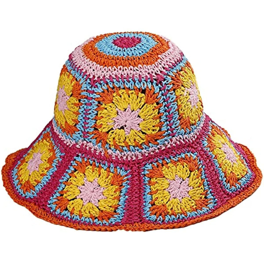 Women's Straw Sun Hat Floral Woven Bucket Hat Fishing Hat Beach Hat Hand Woven Foldable Cap - 7DAY'S