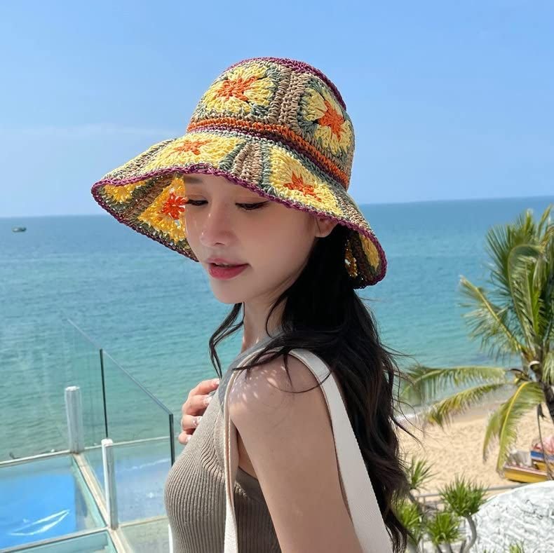 Women's Straw Sun Hat Floral Woven Bucket Hat Fishing Hat Beach Hat Hand Woven Foldable Cap - 7DAY'S