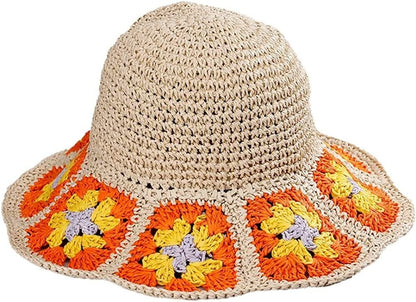 Women's Straw Sun Hat Floral Woven Bucket Hat Fishing Hat Beach Hat Hand Woven Foldable Cap - 7DAY'S