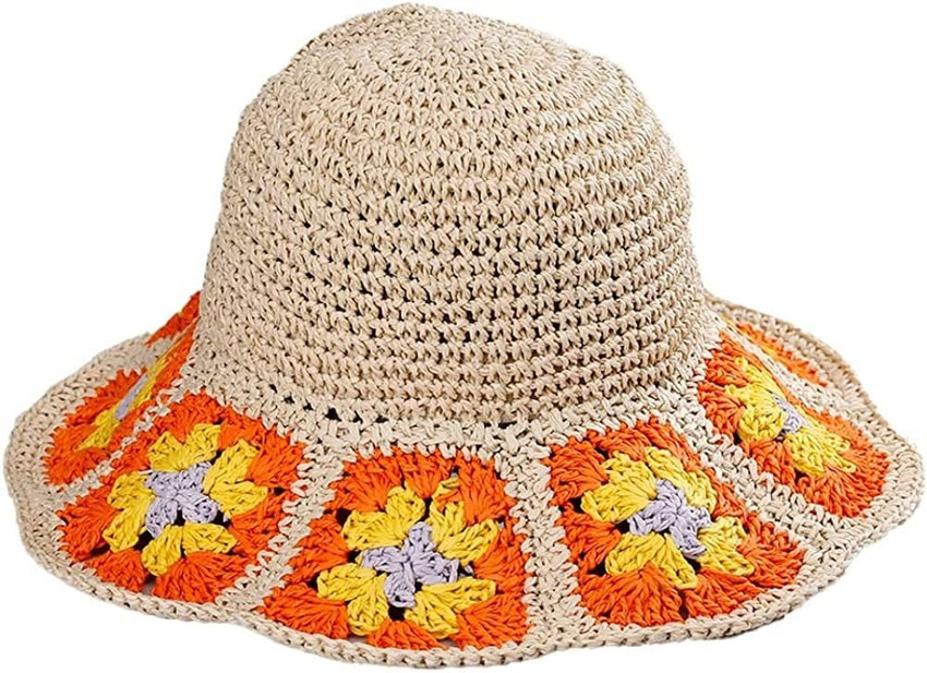 Women's Straw Sun Hat Floral Woven Bucket Hat Fishing Hat Beach Hat Hand Woven Foldable Cap - 7DAY'S