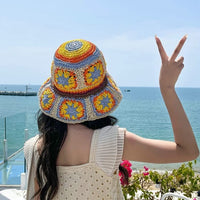 Women's Straw Sun Hat Floral Woven Bucket Hat Fishing Hat Beach Hat Hand Woven Foldable Cap - 7DAY'S