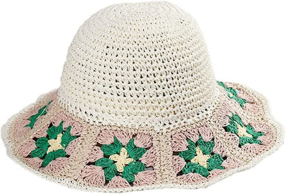Women's Straw Sun Hat Floral Woven Bucket Hat Fishing Hat Beach Hat Hand Woven Foldable Cap - 7DAY'S