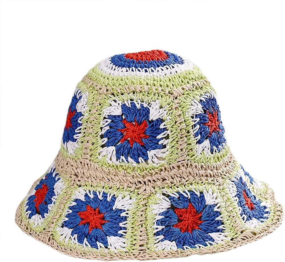Women's Straw Sun Hat Floral Woven Bucket Hat Fishing Hat Beach Hat Hand Woven Foldable Cap - 7DAY'S