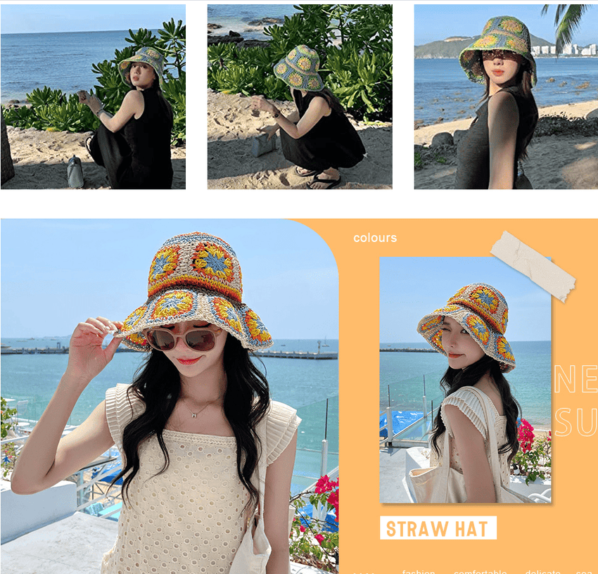Women's Straw Sun Hat Floral Woven Bucket Hat Fishing Hat Beach Hat Hand Woven Foldable Cap - 7DAY'S