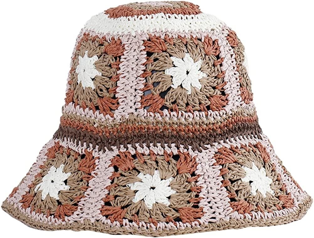 Women's Straw Sun Hat Floral Woven Bucket Hat Fishing Hat Beach Hat Hand Woven Foldable Cap - 7DAY'S