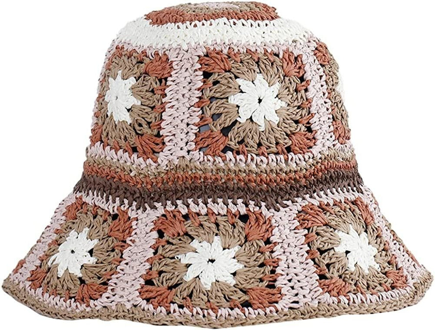 Women's Straw Sun Hat Floral Woven Bucket Hat Fishing Hat Beach Hat Hand Woven Foldable Cap - 7DAY'S