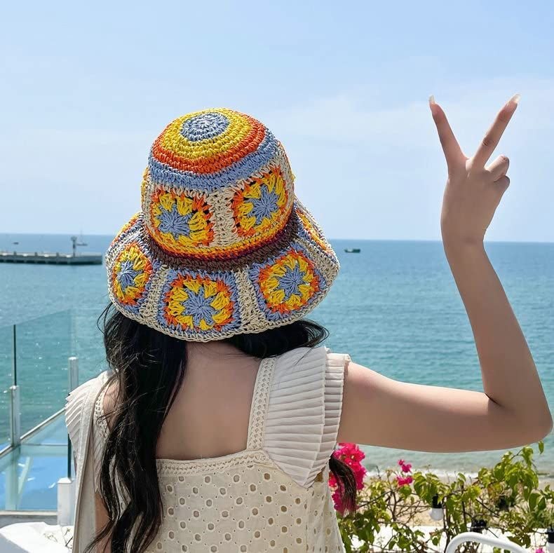 Women's Straw Sun Hat Floral Woven Bucket Hat Fishing Hat Beach Hat Hand Woven Foldable Cap - 7DAY'S
