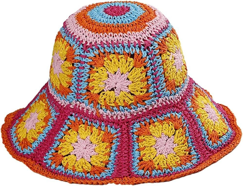 Women's Straw Sun Hat Floral Woven Bucket Hat Fishing Hat Beach Hat Hand Woven Foldable Cap - 7DAY'S