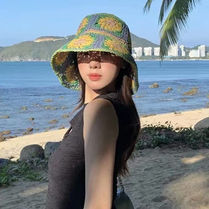 Women's Straw Sun Hat Floral Woven Bucket Hat Fishing Hat Beach Hat Hand Woven Foldable Cap - 7DAY'S