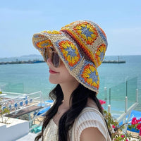 Women's Straw Sun Hat Floral Woven Bucket Hat Fishing Hat Beach Hat Hand Woven Foldable Cap - 7DAY'S