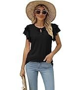 Women's summer top with covered sleeves, fashionable floral print, casual V - neck T-shirt, petal sleeve shirt - 7DAY'S