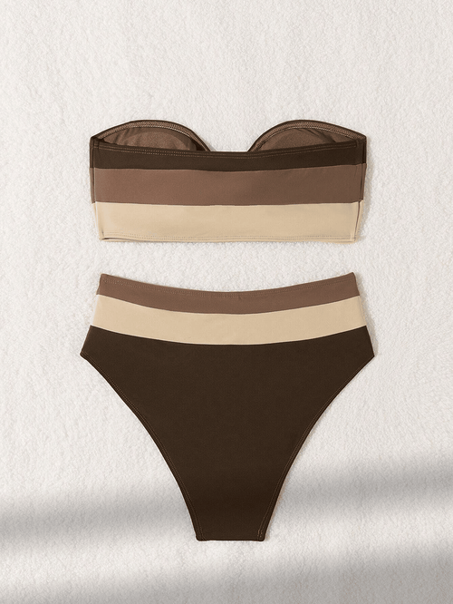 Women's two - piece coffee colored bikini swimsuit strapless fashion quick drying - 7DAY'S