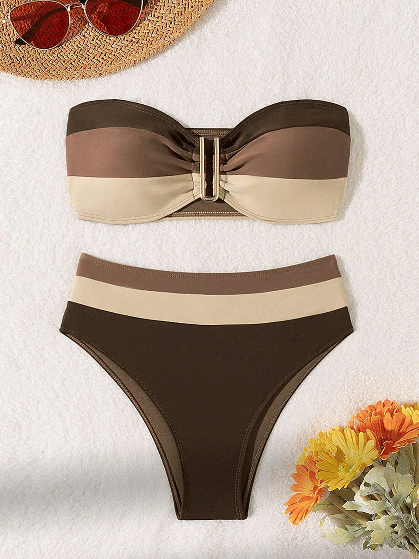 Women's two - piece coffee colored bikini swimsuit strapless fashion quick drying - 7DAY'S