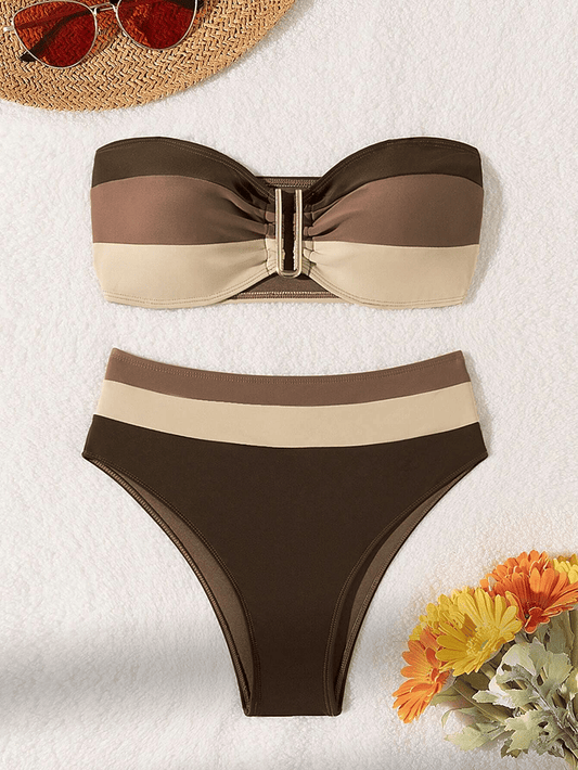 Women's two - piece coffee colored bikini swimsuit strapless fashion quick drying - 7DAY'S