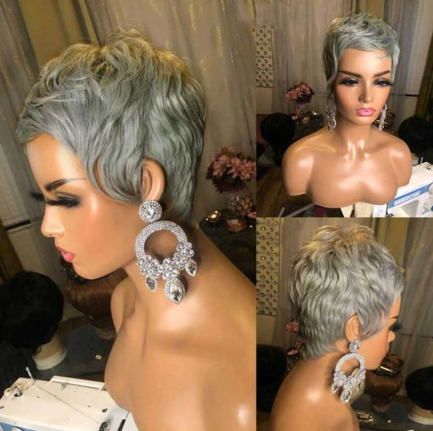 Women's wig short hair silver gray mechanism rose net chemical fiber wig head set Pixie cut wig - 7DAY'S