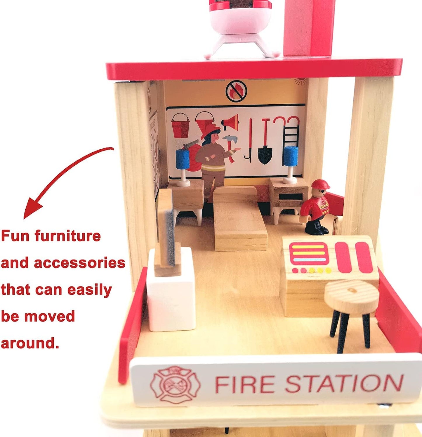 Wooden Fire Station Playset, Multicolor 3 - Level Pretend Play Dollhouse with Figures, Truck, Helicopter and Accessories, Preschool Learning Educational Toys for Toddlers Kids Age 3 and up - 7DAY'S