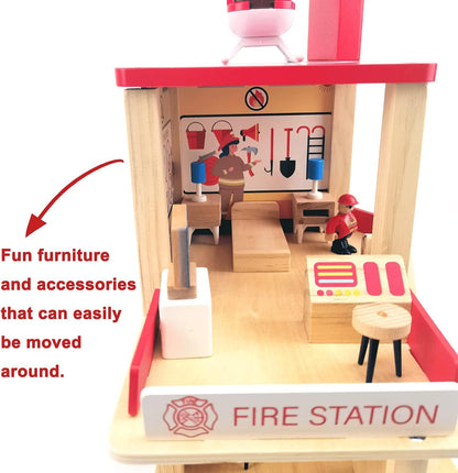 Wooden Fire Station Playset, Multicolor 3 - Level Pretend Play Dollhouse with Figures, Truck, Helicopter and Accessories, Preschool Learning Educational Toys for Toddlers Kids Age 3 and up - 7DAY'S