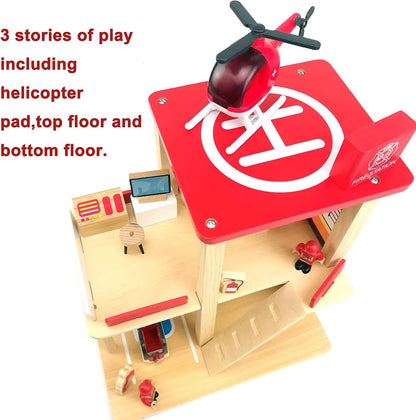 Wooden Fire Station Playset, Multicolor 3 - Level Pretend Play Dollhouse with Figures, Truck, Helicopter and Accessories, Preschool Learning Educational Toys for Toddlers Kids Age 3 and up - 7DAY'S
