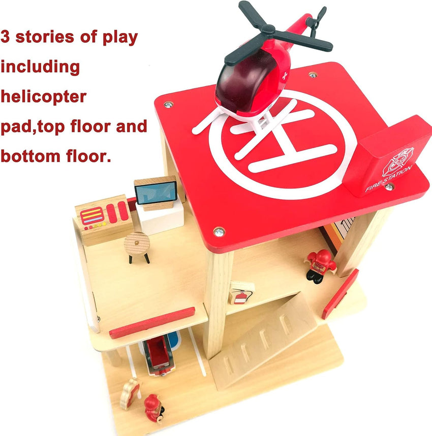 Wooden Fire Station Playset, Multicolor 3 - Level Pretend Play Dollhouse with Figures, Truck, Helicopter and Accessories, Preschool Learning Educational Toys for Toddlers Kids Age 3 and up - 7DAY'S