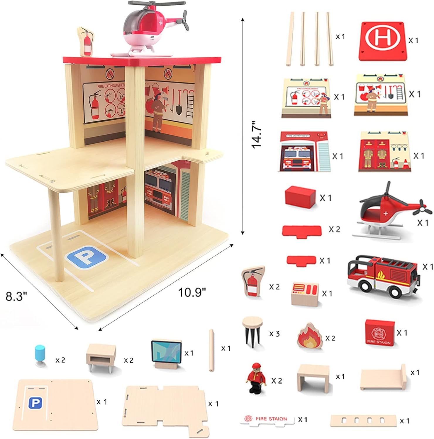 Wooden Fire Station Playset, Multicolor 3 - Level Pretend Play Dollhouse with Figures, Truck, Helicopter and Accessories, Preschool Learning Educational Toys for Toddlers Kids Age 3 and up - 7DAY'S