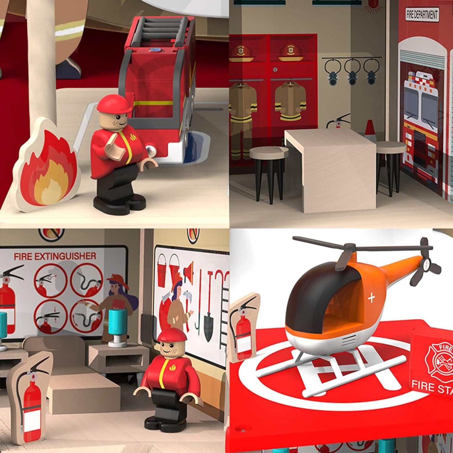 Wooden Fire Station Playset, Multicolor 3 - Level Pretend Play Dollhouse with Figures, Truck, Helicopter and Accessories, Preschool Learning Educational Toys for Toddlers Kids Age 3 and up - 7DAY'S