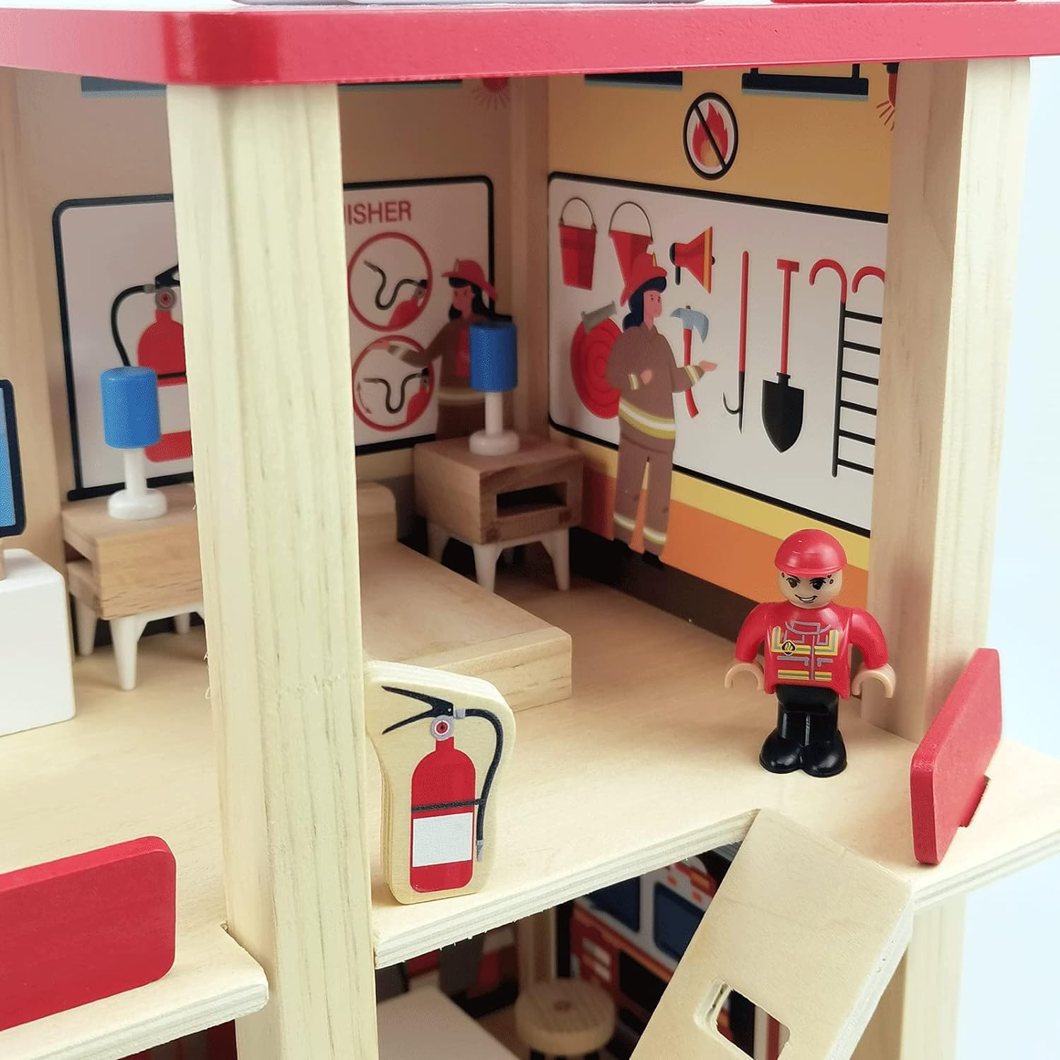 Wooden Fire Station Playset, Multicolor 3 - Level Pretend Play Dollhouse with Figures, Truck, Helicopter and Accessories, Preschool Learning Educational Toys for Toddlers Kids Age 3 and up - 7DAY'S