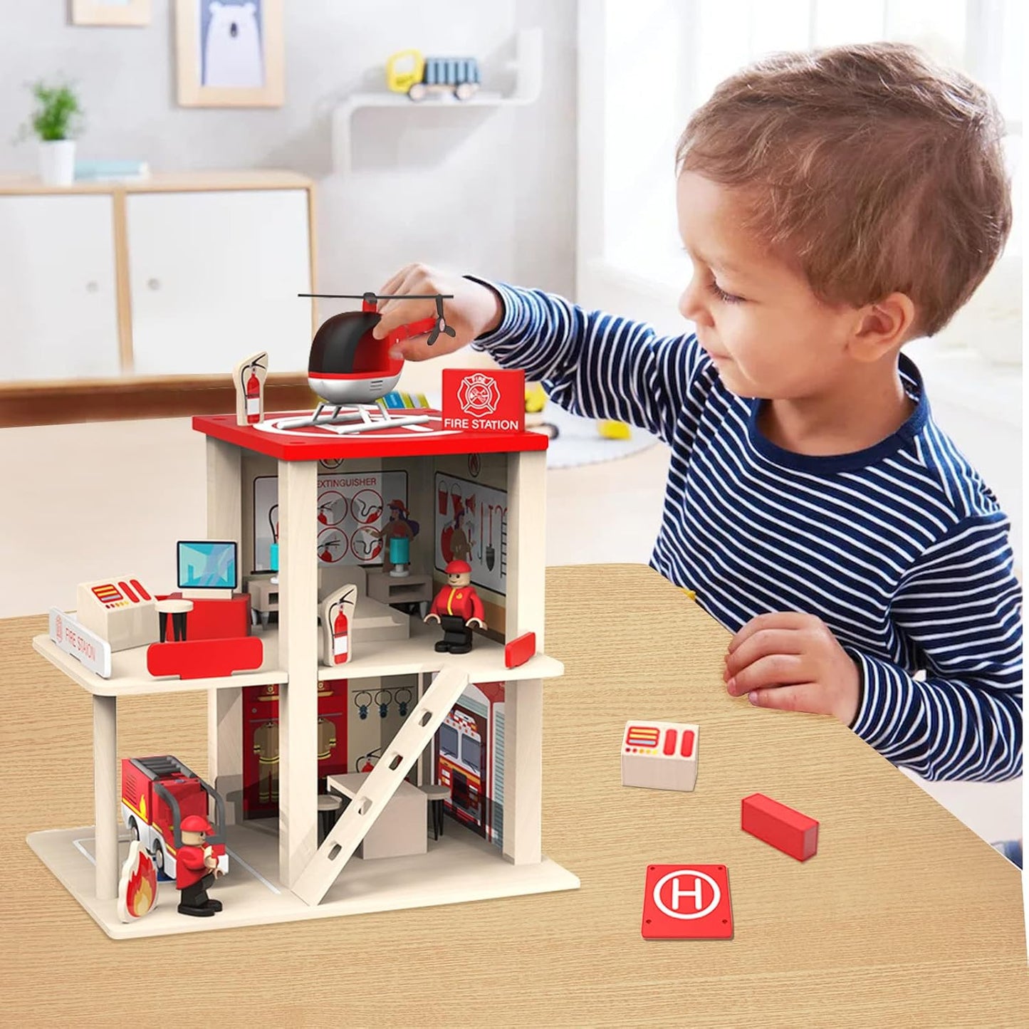 Wooden Fire Station Playset, Multicolor 3 - Level Pretend Play Dollhouse with Figures, Truck, Helicopter and Accessories, Preschool Learning Educational Toys for Toddlers Kids Age 3 and up - 7DAY'S