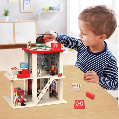 Wooden Fire Station Playset, Multicolor 3 - Level Pretend Play Dollhouse with Figures, Truck, Helicopter and Accessories, Preschool Learning Educational Toys for Toddlers Kids Age 3 and up - 7DAY'S