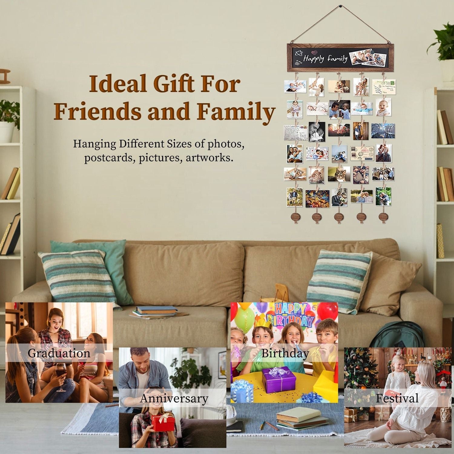 Wooden Hanging Picture Frame Photo Display String Ropes with 30 Clips Writable Blackboard Wall Decoration Postcard Artwork Picture Organizer - 7DAY'S