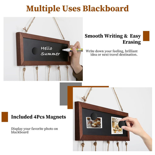 Wooden Hanging Picture Frame Photo Display String Ropes with 30 Clips Writable Blackboard Wall Decoration Postcard Artwork Picture Organizer - 7DAY'S