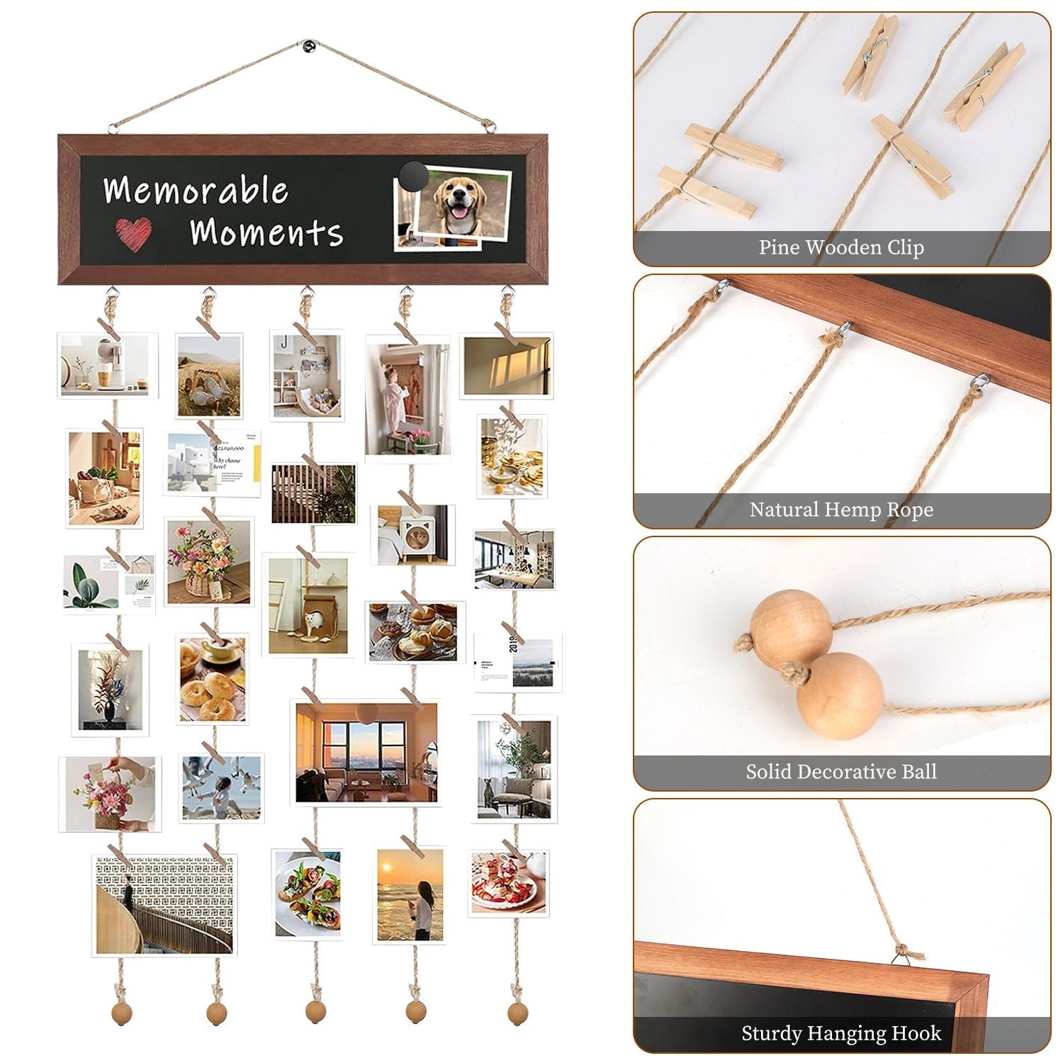 Wooden Hanging Picture Frame Photo Display String Ropes with 30 Clips Writable Blackboard Wall Decoration Postcard Artwork Picture Organizer - 7DAY'S