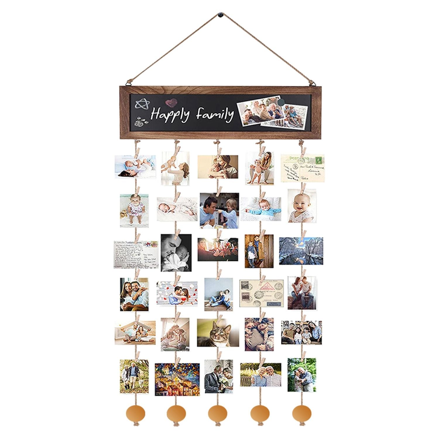 Wooden Hanging Picture Frame Photo Display String Ropes with 30 Clips Writable Blackboard Wall Decoration Postcard Artwork Picture Organizer - 7DAY'S