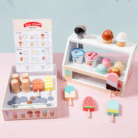 Wooden Ice Cream Set Counter Toy for Toddlers, Wooden Play Food Kitchen Accessories, Pretend Play Ice Cream Shop Toys for Kids Ages 3+, Play Store with Fake Money & Coin - 7DAY'S