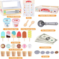 Wooden Ice Cream Set Counter Toy for Toddlers, Wooden Play Food Kitchen Accessories, Pretend Play Ice Cream Shop Toys for Kids Ages 3+, Play Store with Fake Money & Coin - 7DAY'S