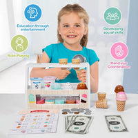 Wooden Ice Cream Set Counter Toy for Toddlers, Wooden Play Food Kitchen Accessories, Pretend Play Ice Cream Shop Toys for Kids Ages 3+, Play Store with Fake Money & Coin - 7DAY'S